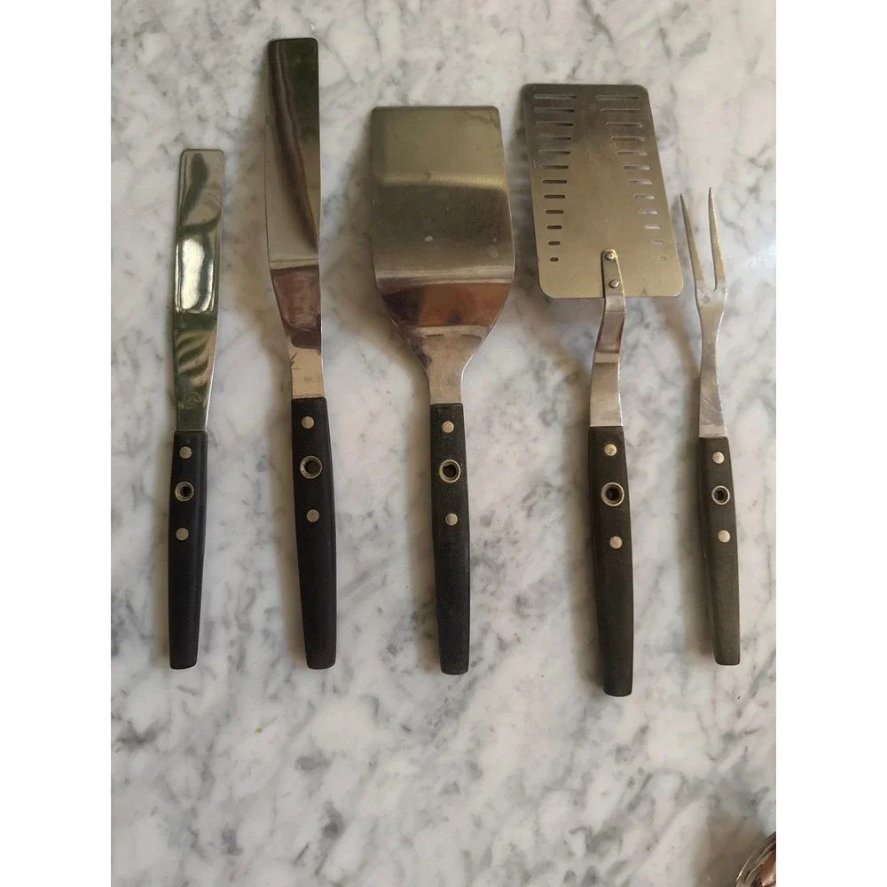 Vintage Flint Ekco Stainless Steel Kitchen Utensil Set 5pc Spatulas Fork USA MCM